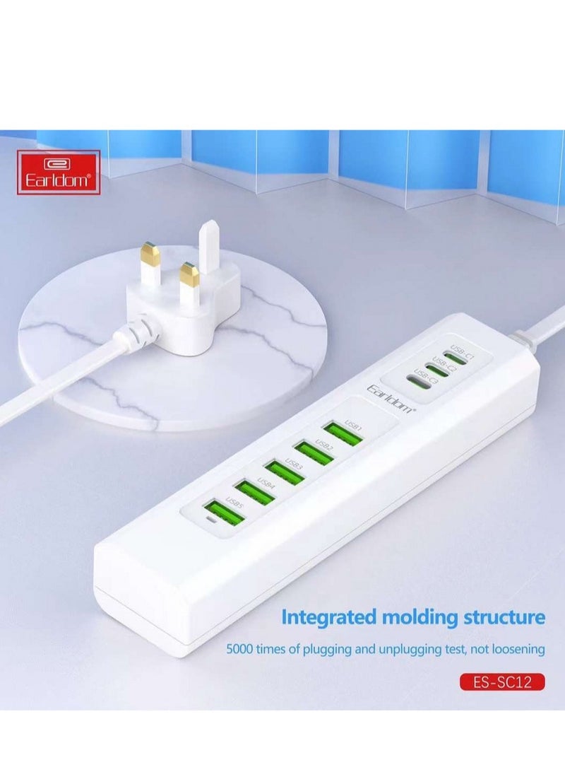 Earldom 8-in-1 Power Socket Charging Station with 5 USB Ports & 3 Type-C Ports | Multi-Port Fast Charging Extension Plug | Universal Desktop Power Strip with Surge Protection | Compact Travel-Friendly Adapter for Home & Office – Model SC12  - Image 3