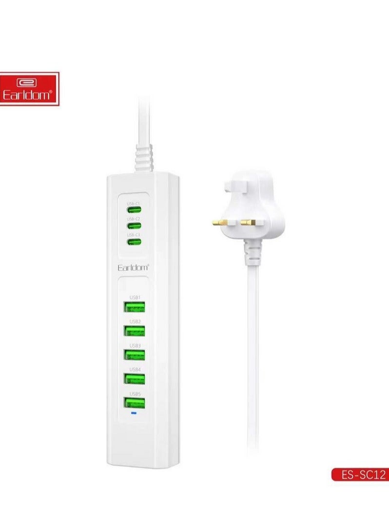 Earldom 8-in-1 Power Socket Charging Station with 5 USB Ports & 3 Type-C Ports | Multi-Port Fast Charging Extension Plug | Universal Desktop Power Strip with Surge Protection | Compact Travel-Friendly Adapter for Home & Office – Model SC12  - Image 4