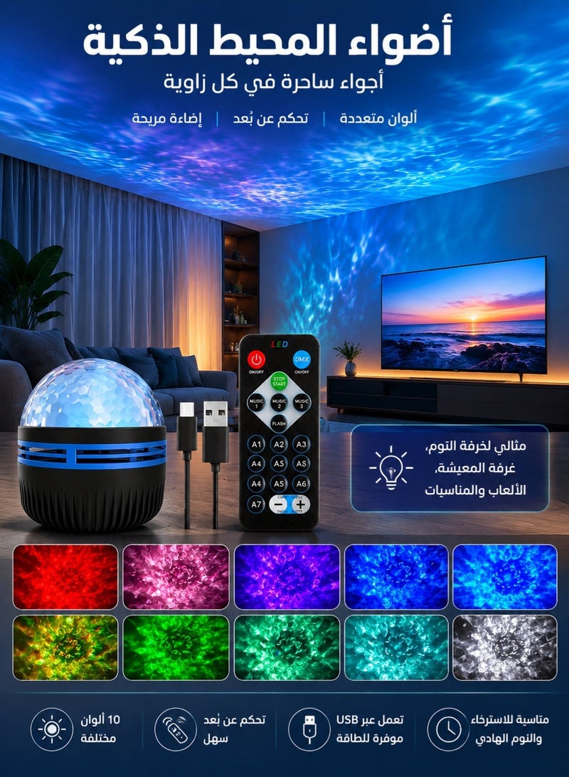 أهاكاك مصباح عرض تموجات الماء وتأثير أمواج المحيط، إضاءة مزاج LED مع جهاز تحكم عن بعد، مصباح ليلي USB لغرفة النوم، يساعد على النوم والاسترخاء، ديكور منزلي وهدية مثالية - Image 1