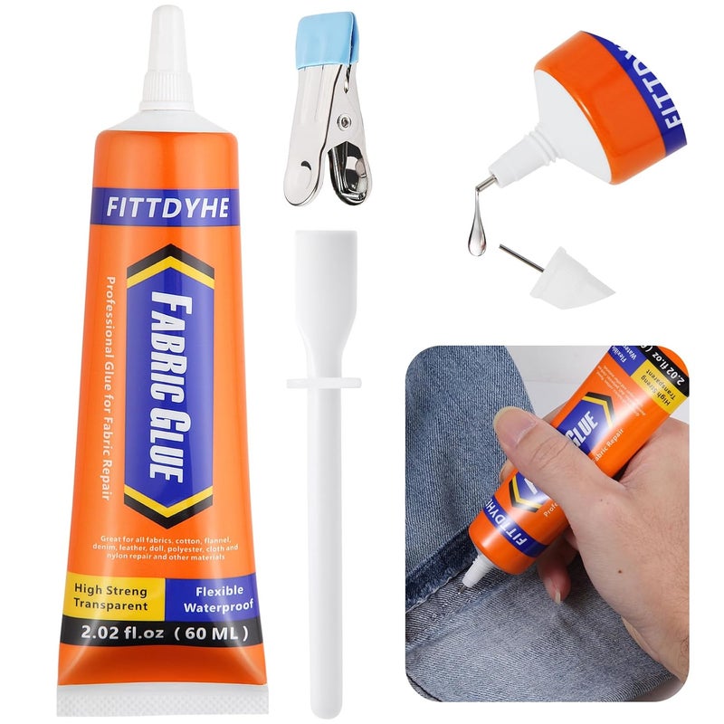 FITTDYHE Fabric Glue Permanent, 60 ML Washable Clear Clothing Glue, Super Fabric Glue for Rhinestones, Patches, Clothes, Denim, Leather, Polyester, Fabrics, Doll Repair, Flannel, Cotton - Image 1