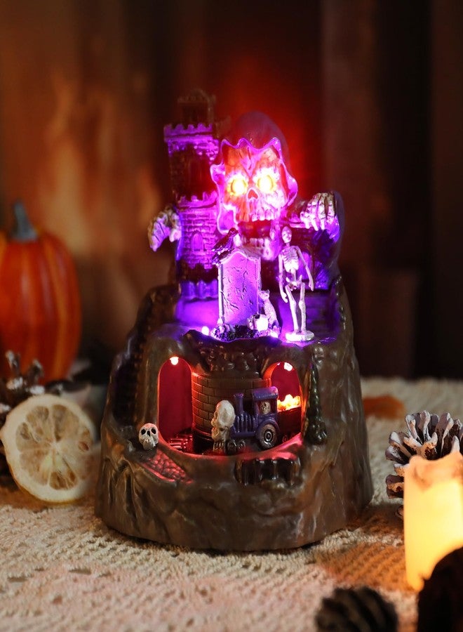 Vipush Halloween Village Decorations -Light-Up LED Vintage Skull Island & Passing Train Resin Figurines Decor for Creepy Skeletons, Spooky Statues, and Tombstone Collectible Decorations 5.9 in - Image 1