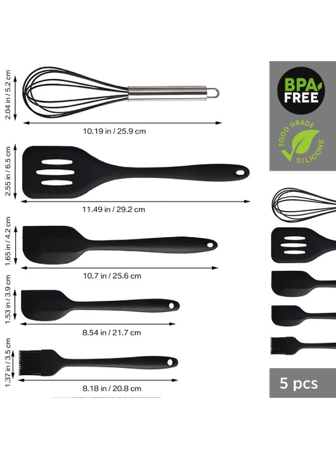 5-Piece Silicone Cooking Utensil Set With Heat-Resistant Accessories And Bpa Free Seamless Integrated Design Scraper, Suitable For Non Stick Cookware, Baking Brushes, And Egg Beaters (Black) - Image 2