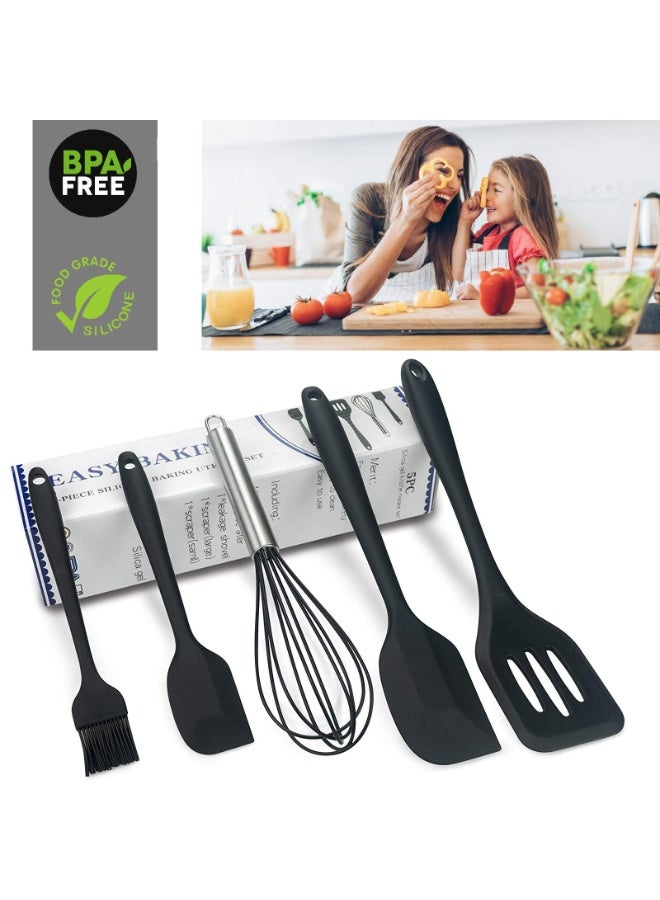 5-Piece Silicone Cooking Utensil Set With Heat-Resistant Accessories And Bpa Free Seamless Integrated Design Scraper, Suitable For Non Stick Cookware, Baking Brushes, And Egg Beaters (Black) - Image 3