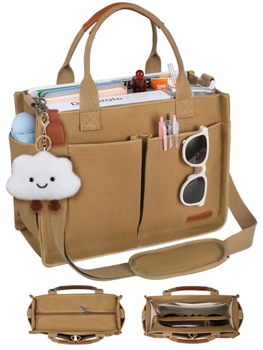 BESBESME Canvas Tote Bag for Women with Zipper, Compartments & Luggage Sleeve, Work and College Crossbody Bag, Adjustable Strap, Laptop Purse for Teacher, Nurse, Travel, Bible Study, Khaki M - Image 1