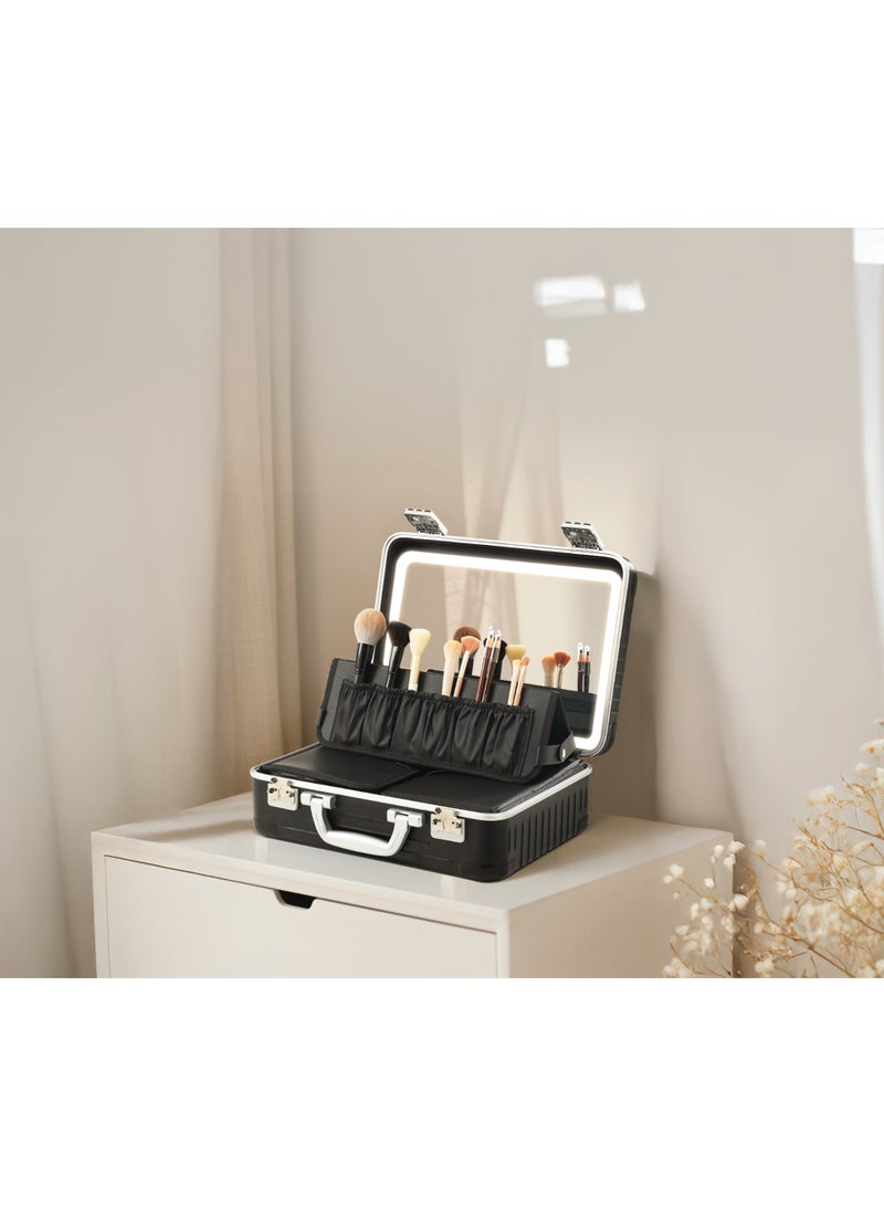 porodo 16 inch Travel Makeup Case with Detachable LED Mirror & 3 Light Modes / ABS Material / Multiple Compartment / Adjustable Brightness / Suitable for Beauty Tools & Supplies, Jewelry, Nail Varnish - Black - Image 4