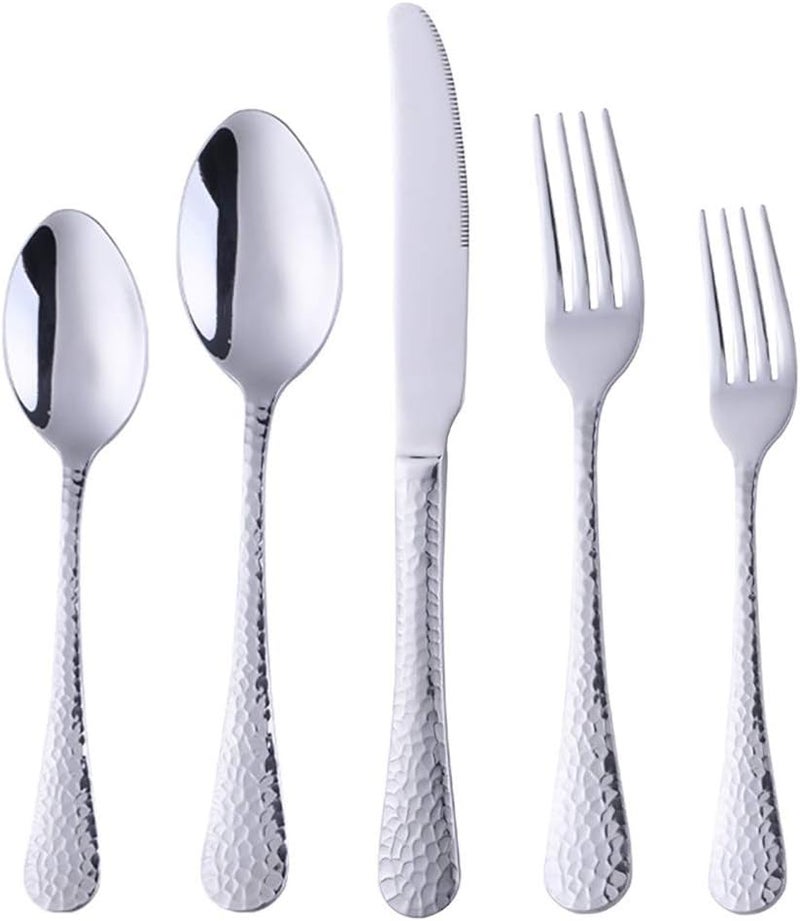 Bisda Silverware Set 5 Piece Premium 188 Stainless Steel Hammered Kitchen Utensil Flatware Cutlery Sets of 1 Mirror Polish Dishwasher Safe 5Silver - Image 1