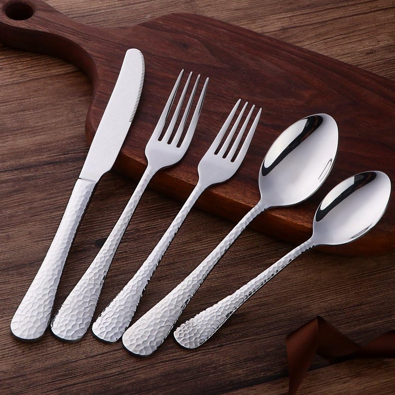 Bisda Silverware Set 5 Piece Premium 188 Stainless Steel Hammered Kitchen Utensil Flatware Cutlery Sets of 1 Mirror Polish Dishwasher Safe 5Silver - Image 2