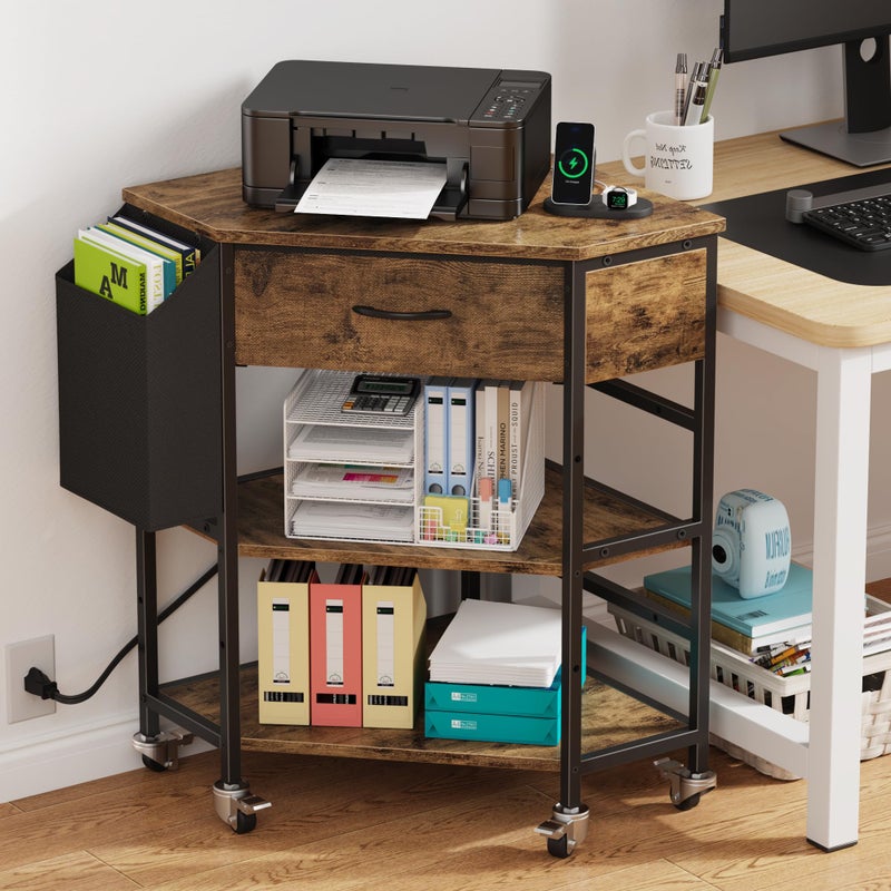 YAOHUOO Corner Printer Stand, Corner Table with Power Outlet/Storage Fabric Drawerï¼ŒPrinter Cart for Home Office with Height Adjustable Shelf/Side Pocket, Rustic Brown - Image 1