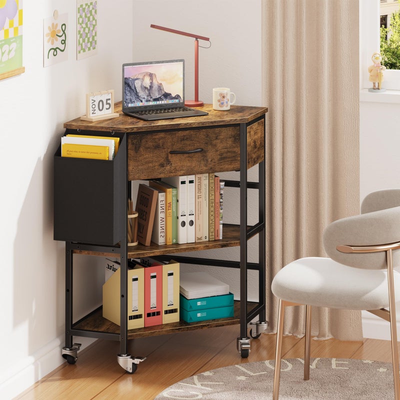 YAOHUOO Corner Printer Stand, Corner Table with Power Outlet/Storage Fabric Drawerï¼ŒPrinter Cart for Home Office with Height Adjustable Shelf/Side Pocket, Rustic Brown - Image 4