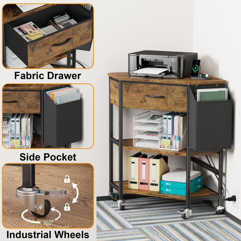 YAOHUOO Corner Printer Stand, Corner Table with Power Outlet/Storage Fabric Drawerï¼ŒPrinter Cart for Home Office with Height Adjustable Shelf/Side Pocket, Rustic Brown - Image 5
