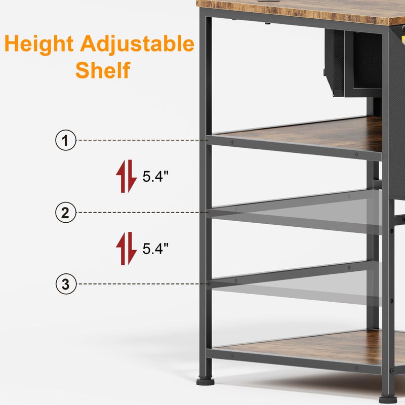 YAOHUOO Corner Printer Stand, Corner Table with Power Outlet/Storage Fabric Drawerï¼ŒPrinter Cart for Home Office with Height Adjustable Shelf/Side Pocket, Rustic Brown - Image 3