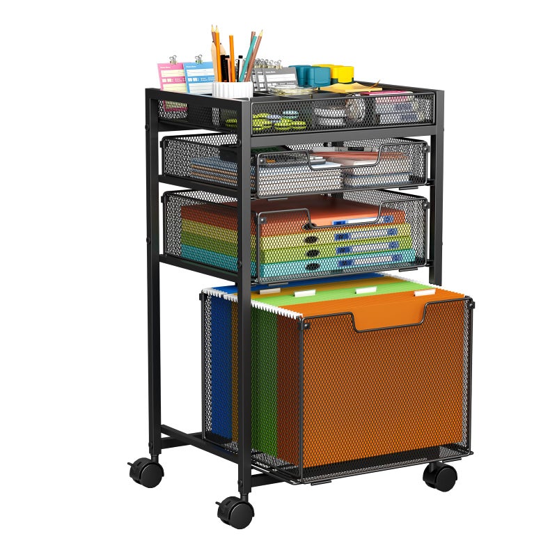 JKsmart Rolling File Cart with 3 Storage Drawers, Under Desk Filing Cabinet with DIY Divider, Hanging File Folder Organizer on Wheels, Fits A4/Letter Size, Metal Utility Cart for Home Office, Black - Image 1