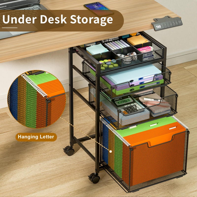 JKsmart Rolling File Cart with 3 Storage Drawers, Under Desk Filing Cabinet with DIY Divider, Hanging File Folder Organizer on Wheels, Fits A4/Letter Size, Metal Utility Cart for Home Office, Black - Image 2