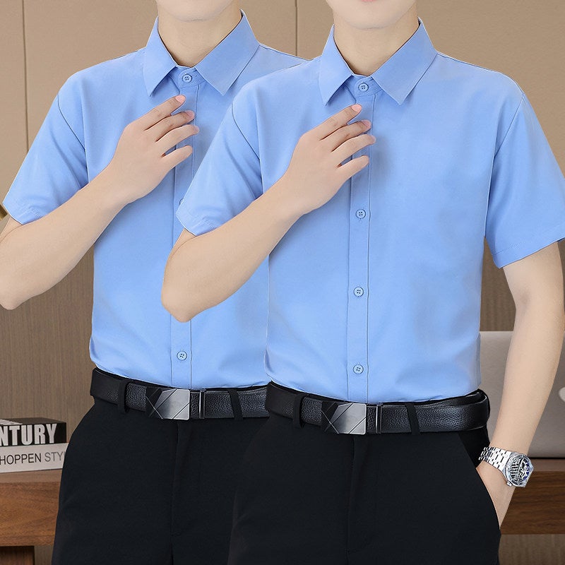 Short-sleeved white shirt men's summer business casual wrinkle-free slim-fit half-sleeved blue-black shirt work uniform - Image 1