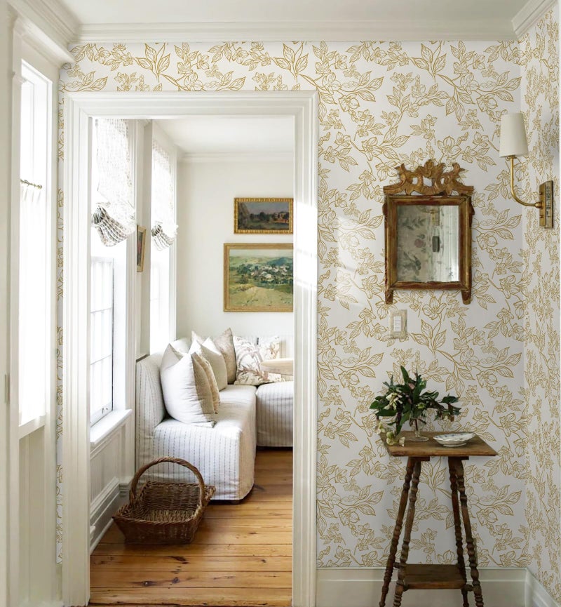 Ismoon Floral Peel and Stick Wallpaper Vintage Beige Contact Paper White Gold Stick on Wallpaper Textured Removable Self Adhesive Wall Paper for Bedroom Vinyl 17.3x78.7in - Image 4