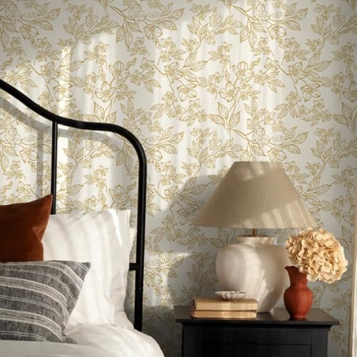 Ismoon Floral Peel and Stick Wallpaper Vintage Beige Contact Paper White Gold Stick on Wallpaper Textured Removable Self Adhesive Wall Paper for Bedroom Vinyl 17.3x78.7in - Image 3