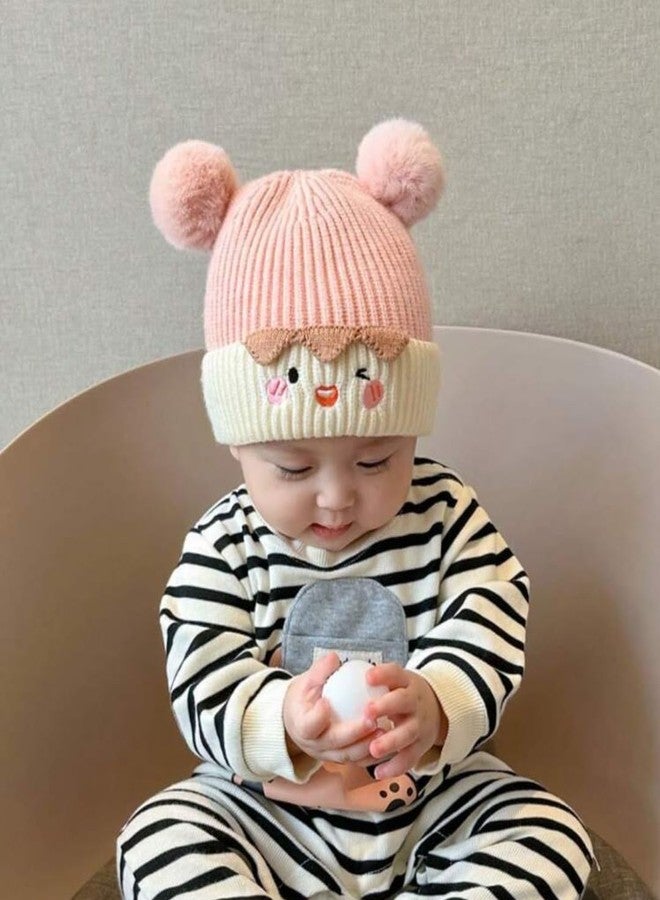 Ziory 1 Pc pom pom Cartoon Designed Knitted Cap for Baby- Pink (6-12months) - Image 3