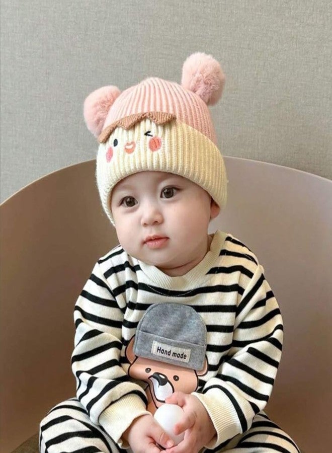 Ziory 1 Pc pom pom Cartoon Designed Knitted Cap for Baby- Pink (6-12months) - Image 2