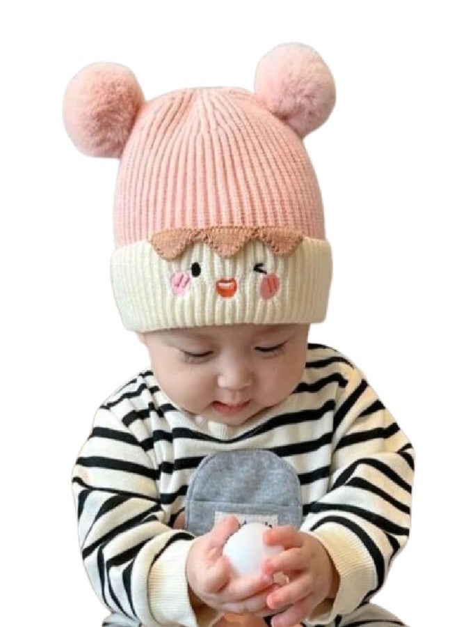 Ziory 1 Pc pom pom Cartoon Designed Knitted Cap for Baby- Pink (6-12months) - Image 1