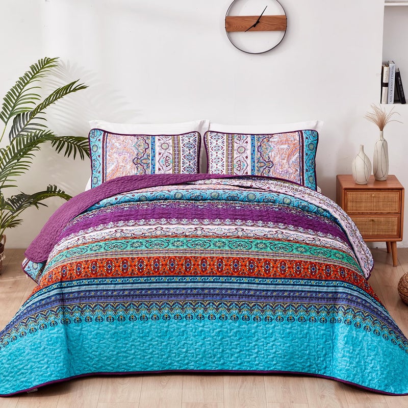 WONGS BEDDING Purple Quilt Set King Size Stripe Boho 3 Pieces Bedspread Quilts Set Bohemian Lightweight Microfiber All Season Bedding Coverlet Set for King Bed 104x90 - Image 2