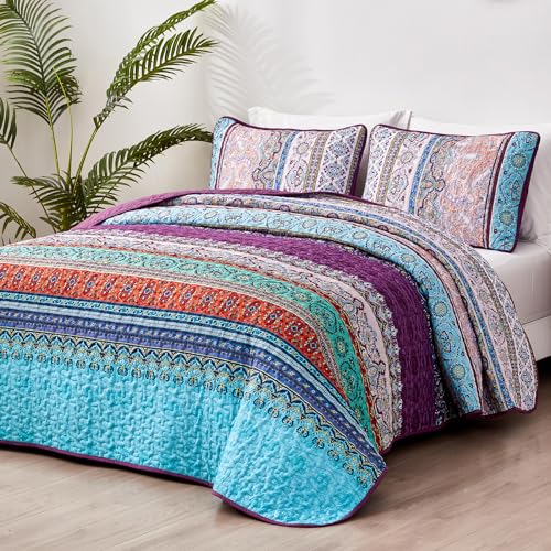 WONGS BEDDING Purple Quilt Set King Size Stripe Boho 3 Pieces Bedspread Quilts Set Bohemian Lightweight Microfiber All Season Bedding Coverlet Set for King Bed 104x90 - Image 3