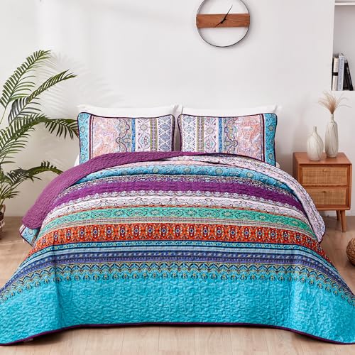 WONGS BEDDING Purple Quilt Set King Size Stripe Boho 3 Pieces Bedspread Quilts Set Bohemian Lightweight Microfiber All Season Bedding Coverlet Set for King Bed 104x90 - Image 1
