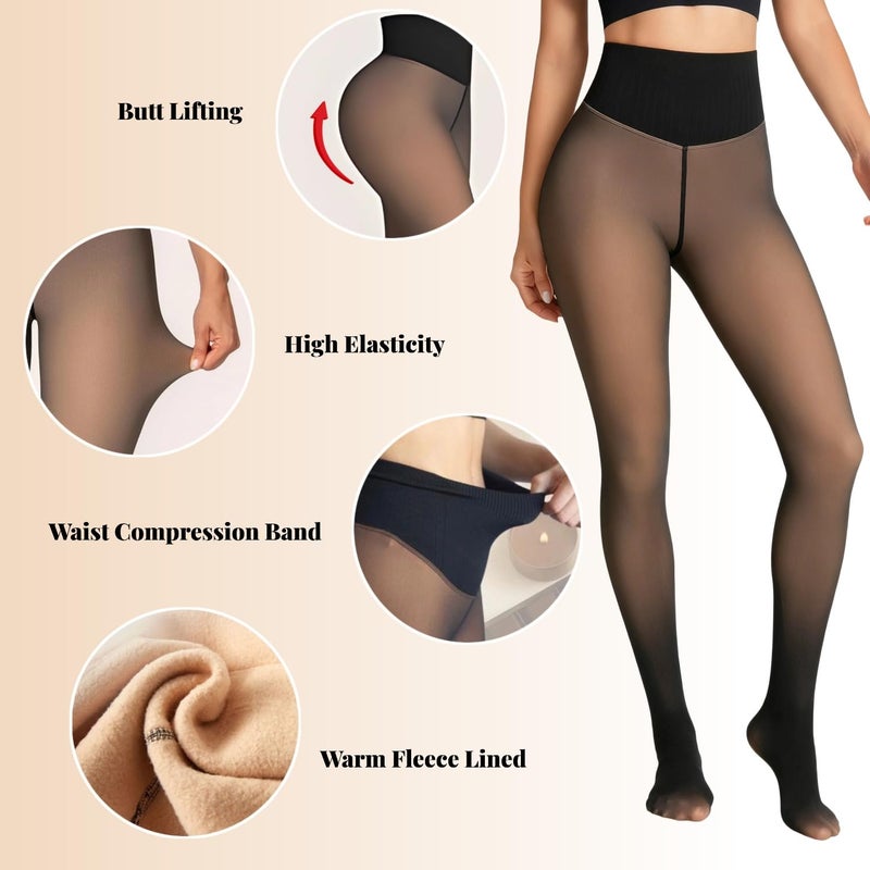 Apriddeo Women's Fake Sheer Thermal Tights - One-Seam Fleece Lined Leggings with Tummy Control & Butt Lifting - Image 2