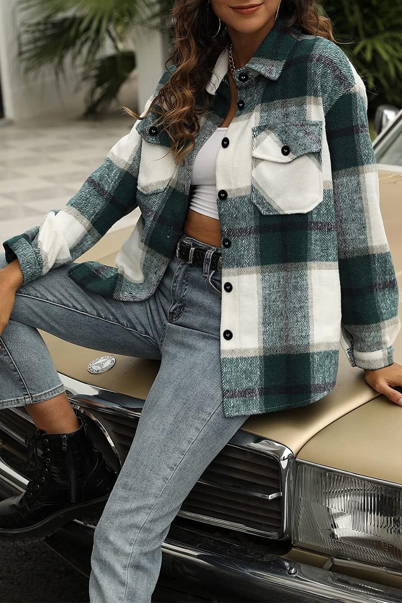 AUTOMET Shackets for Women Plaid Flannel Shirts Fall Winter Jackets Cute Tops Trendy Western Cowgirl Outfits Girls Coats Light Green XL - Image 3