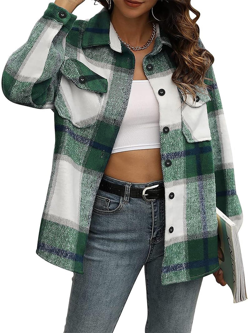 AUTOMET Shackets for Women Plaid Flannel Shirts Fall Winter Jackets Cute Tops Trendy Western Cowgirl Outfits Girls Coats Light Green XL - Image 1