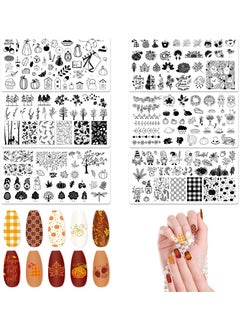 ALIBBON 6 Pcs Fall Nail Stamping Plates Set Leaves Background Nail Art Stamp Templates Autumn Tree Stamp Templates Kit Happy Thanksgiving Day Metal Nail Plates for DIY Printing Decor 4724