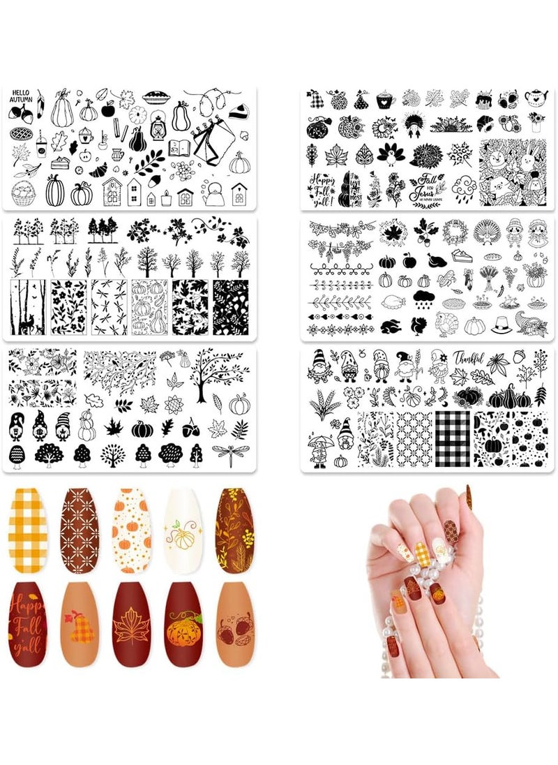 ALIBBON - ALIBBON 6 Pcs Fall Nail Stamping Plates Set Leaves Background Nail Art Stamp Templates Autumn Tree Stamp Templates Kit Happy Thanksgiving Day Metal Nail Plates for DIY Printing Decor 4724 - Image 1