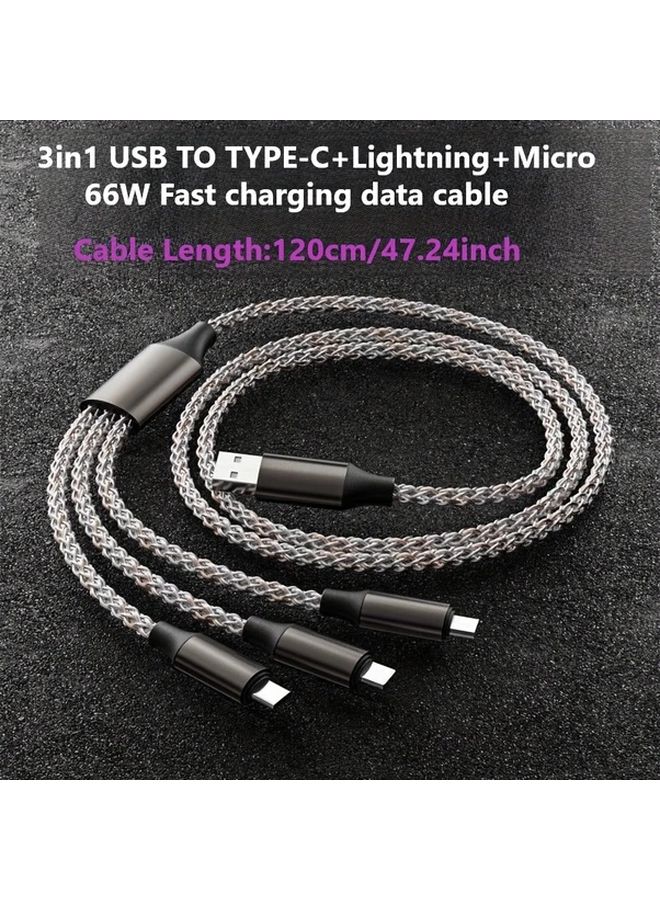 2pcs Transparent 66W 3 In 1 RGB Light Charging Cable For iPhone Type C Android - Image 3