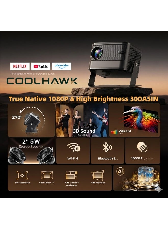 COOLHAWK Projector 4K - Ultra HD 300ANSI Native 1080P Mini Portable Projector with WiFi and Bluetooth - Smart Andriod Projector Compatible with Netflix/Prime Video/YouTube, 270° Rotatable, AI Auto Focus & Keystone, Portable Home Theater Movie Projector for Indoor Outdoor - Image 2