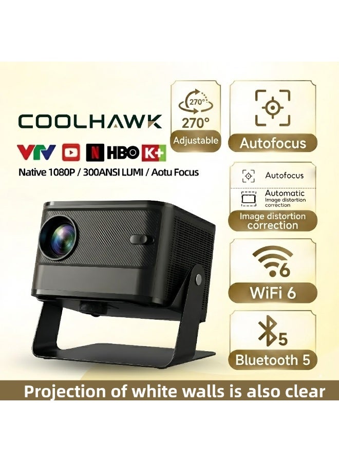 COOLHAWK Projector 4K - Ultra HD 300ANSI Native 1080P Mini Portable Projector with WiFi and Bluetooth - Smart Andriod Projector Compatible with Netflix/Prime Video/YouTube, 270° Rotatable, AI Auto Focus & Keystone, Portable Home Theater Movie Projector for Indoor Outdoor - Image 1