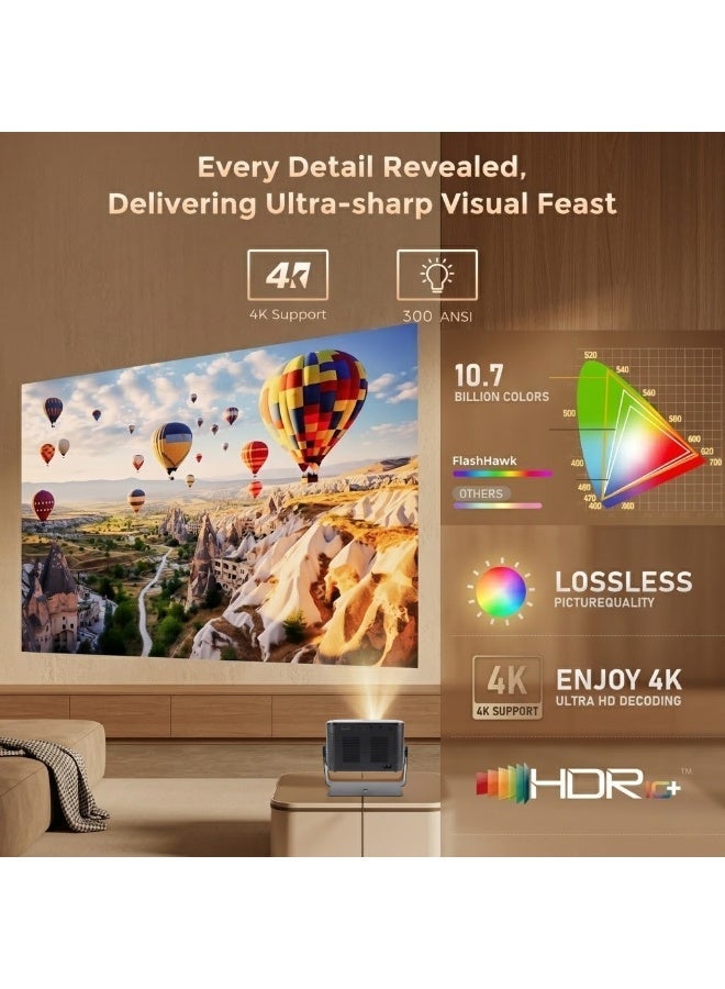 COOLHAWK Projector 4K - Ultra HD 300ANSI Native 1080P Mini Portable Projector with WiFi and Bluetooth - Smart Andriod Projector Compatible with Netflix/Prime Video/YouTube, 270° Rotatable, AI Auto Focus & Keystone, Portable Home Theater Movie Projector for Indoor Outdoor - Image 3