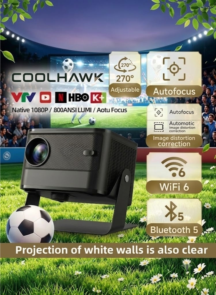 كول هوك بروجكتر بروجكتر لاسلكي - فائق الوضوح 800 ANSI بدقة 1080P بروجكتر 4k أصلية، صغير الحجم وقابل للحمل، مزود بتقنية واي فاي وبلوتوث - جهاز عرض ذكي يعمل بنظام أندرويد، متوافق مع نتفليكس/برايم فيديو/يوتيوب، قابل للدوران 270 درجة، ضبط تلقائي للصورة بتقنية الذكاء الاصطناعي وتصحيح الانحراف، جهاز عرض سينمائي منزلي محمول للاستخدام الداخلي والخارجي برجكتر - Image 1