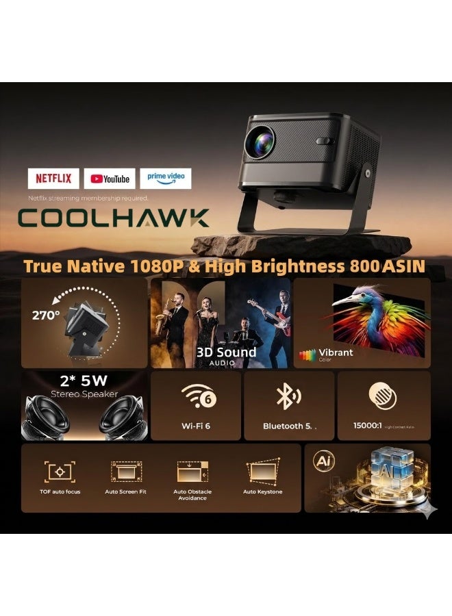كول هوك بروجكتر بروجكتر لاسلكي - فائق الوضوح 800 ANSI بدقة 1080P بروجكتر 4k أصلية، صغير الحجم وقابل للحمل، مزود بتقنية واي فاي وبلوتوث - جهاز عرض ذكي يعمل بنظام أندرويد، متوافق مع نتفليكس/برايم فيديو/يوتيوب، قابل للدوران 270 درجة، ضبط تلقائي للصورة بتقنية الذكاء الاصطناعي وتصحيح الانحراف، جهاز عرض سينمائي منزلي محمول للاستخدام الداخلي والخارجي برجكتر - Image 2