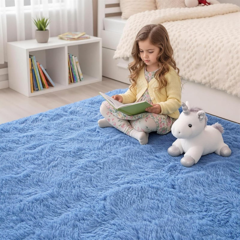 Keeko Soft Fluffy Blue Area Rug, 4x5.3 Feet Shag Furry Faux Fur Modern Rug Carpet for Living Room Bedroom, Indoor High Pile Non Shedding Washable Fuzzy Rugs for Girls Kids Children Room Decor - Image 2