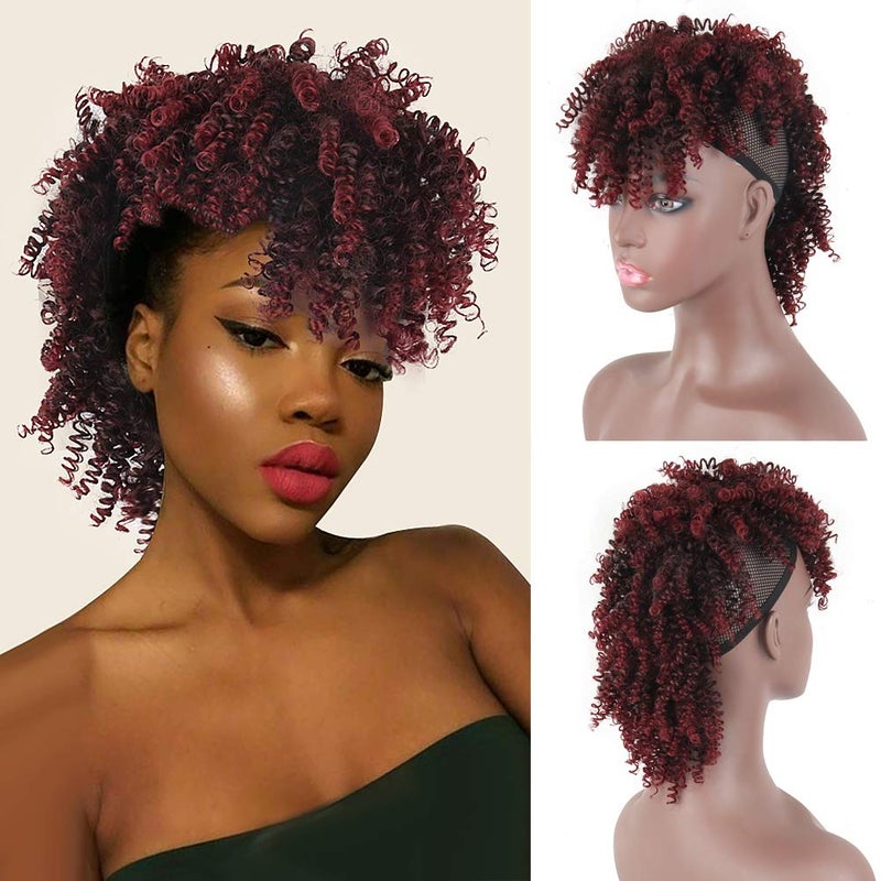 Aisaide High Puff Afro Ponytail DrawstringShort Red Curly Ponytail ExtensionMohawk Kinky Synthetic Hair Bun with BangsWrap Updo Clip in Hair Extensions with Six Clips and Two Comb1BBUG