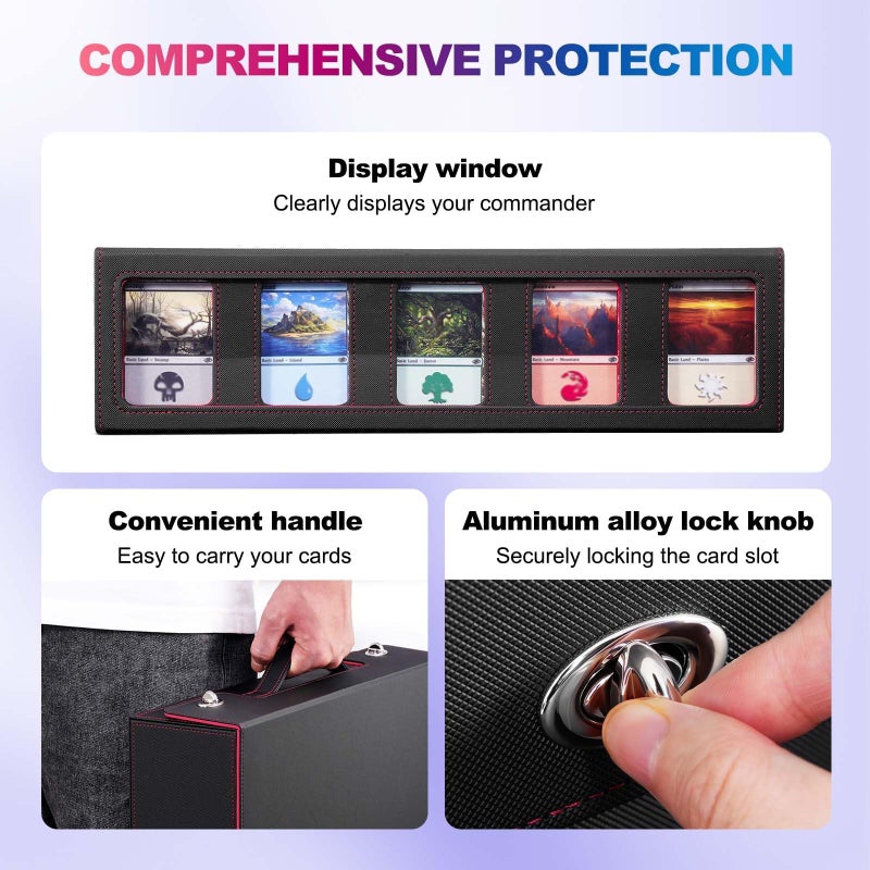 UAONO Trading Card Storage Box with Commander Display, 5 Row Magic Card Box with Handle & Aluminum Alloy Locking for 3900+ Unsleeved Cards Suits for MTG PTCG TCG Sports Cards (Black Red) - Image 4