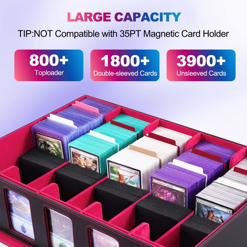 UAONO Trading Card Storage Box with Commander Display, 5 Row Magic Card Box with Handle & Aluminum Alloy Locking for 3900+ Unsleeved Cards Suits for MTG PTCG TCG Sports Cards (Black Red) - Image 2