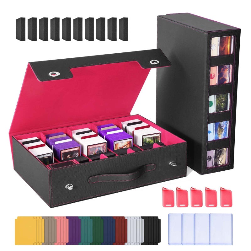 UAONO Trading Card Storage Box with Commander Display, 5 Row Magic Card Box with Handle & Aluminum Alloy Locking for 3900+ Unsleeved Cards Suits for MTG PTCG TCG Sports Cards (Black Red) - Image 1