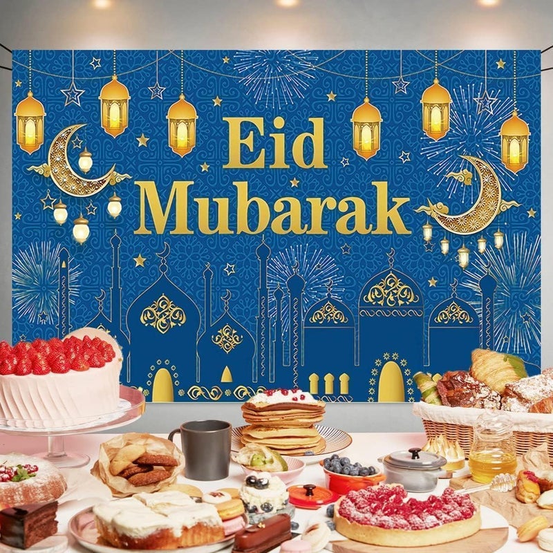 ChicAbode ديكور خلفية رمضان لافتة عيد مبارك زرقاء من البوليستر بحجم 70.8 × 43.3 بوصة - Image 4
