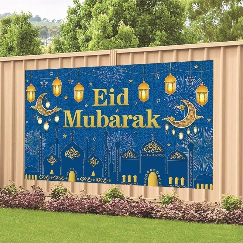 ChicAbode ديكور خلفية رمضان لافتة عيد مبارك زرقاء من البوليستر بحجم 70.8 × 43.3 بوصة - Image 2