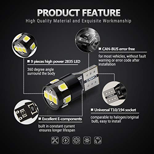 Antline 194 168 2825 W5W T10 LED Bulbs Xenon White, Ultra Bright Error Free 9-SMD 2835 Chipsets 6000K Replacement for Car Interior Dome Map Door Courtesy License Plate Lights (Pack of 10) - Image 3