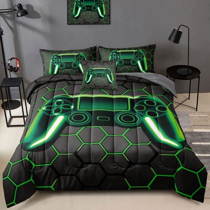 6 PIECE GAMER COMFORTER SETS BED IN A BAG FOR BOYS TEEN KIDSHONEYCOMB GAMING BEDDING SETS GAMEPAD COMFORTER MICROFIBER BED SET FOR ALL SEASON GAMER HOME DECORGREEN 6 PIECE SETS30021QUEEN
