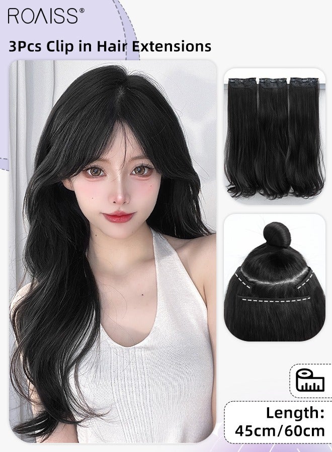 رويس 3 قطع من وصلات الشعر بالمشابك، وصلات شعر صناعية طويلة مجعدة قليلا غير مرئية قابلة للتعديل ومقاومة للحرارة للفتيات والنساء، أسود طبيعي، 45 سم / 60 سم - Image 1