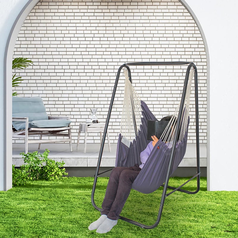 YUCAN Hammock Chair Stand with Hanging Swing Chair Included,Weather Resistant and Saving Space Stand Max 450 Lbs, Quality Cotton Weave Wrap Whole,Suitable for Indoor Outdoor Patio Yardï¼ˆGreyï¼‰ Patented - Image 3