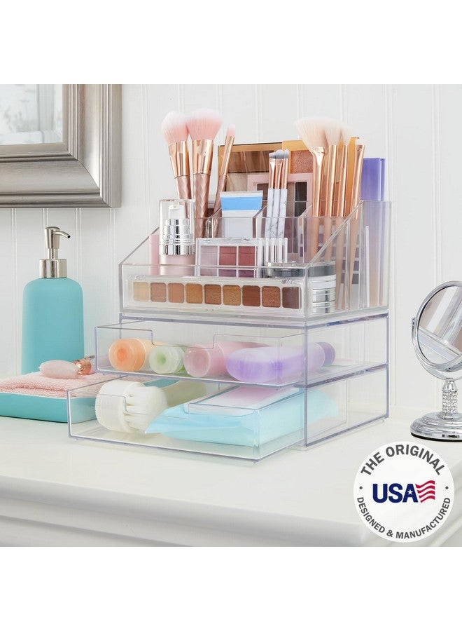 STORi Chloe Stackable Clear Makeup Holder and Double Organizer Drawer Set | Organize Cosmetics and Beauty Supplies | Made in USA - Image 2