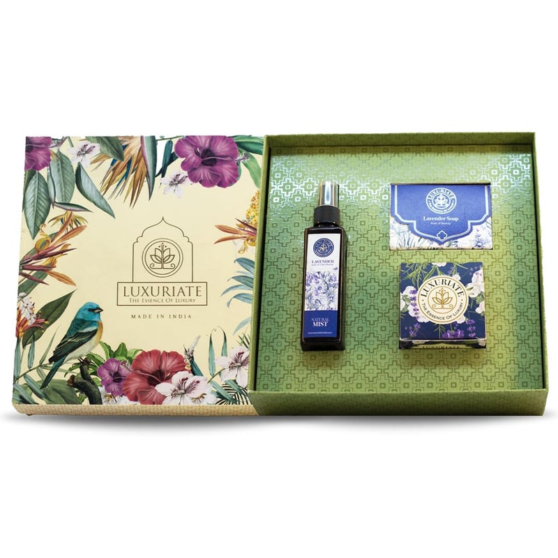LUXURIATE Lavender Skin Care Gift Set Box 3PC - Soap, Cream, Face Mist Gift for Sister | Gift for Diwali | Gift for Wedding | Gift for Women - Image 1